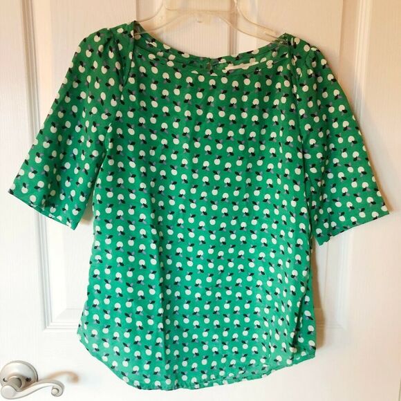 Louche Green Short Sleeve Apple Print Blouse Women's Size XS - Picture 1 of 7